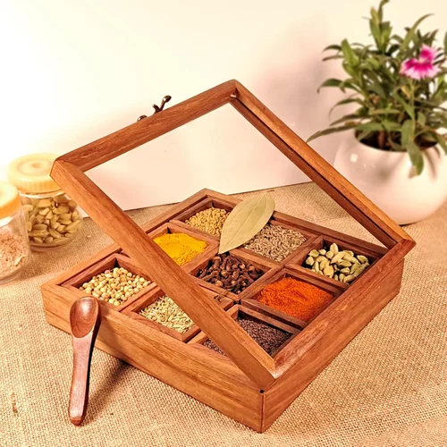 Spice Box with Spoon in Shesham Wood for Kitchen 9 Container with Lid Decorative Masala Box