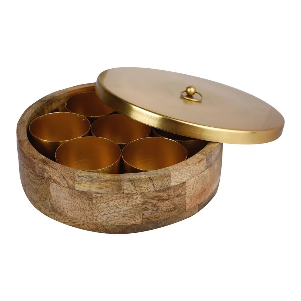 Handcrafted Mango Wood Spice Box with Brass Lid – 7 Compartments